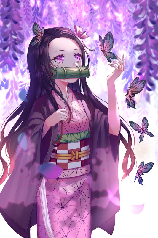 Anime Girl in Kimono — Purple, Serene, Spring, Digital Art, Butterflies, Wisteria