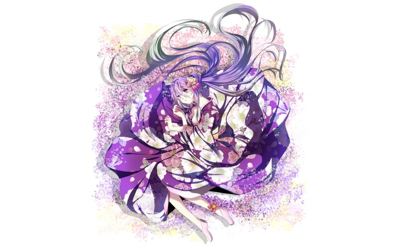 Anime Girl in Kimono — Purple, Serene, Spring, Digital Art, Long Hair
