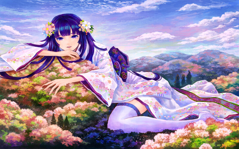 Anime Girl in Kimono — Purple, Serene, Spring, Digital Art