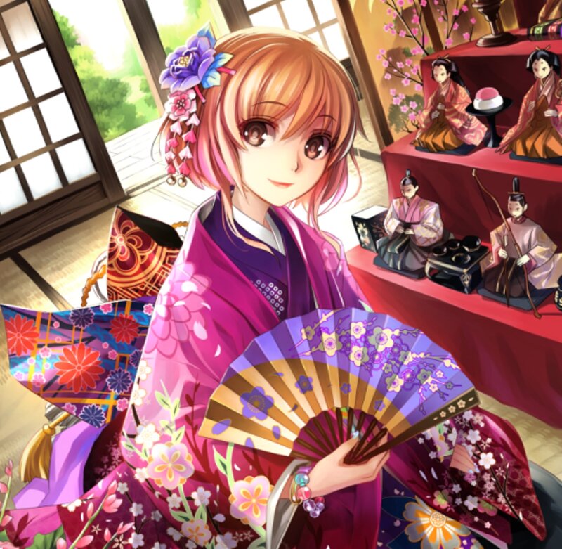 Anime Girl in Kimono — Purple, Serene, Spring, Fan