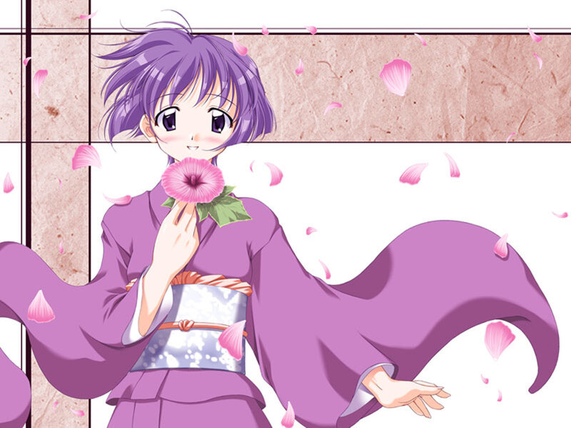 Anime Girl in Kimono — Purple, Serene, Spring, Flower