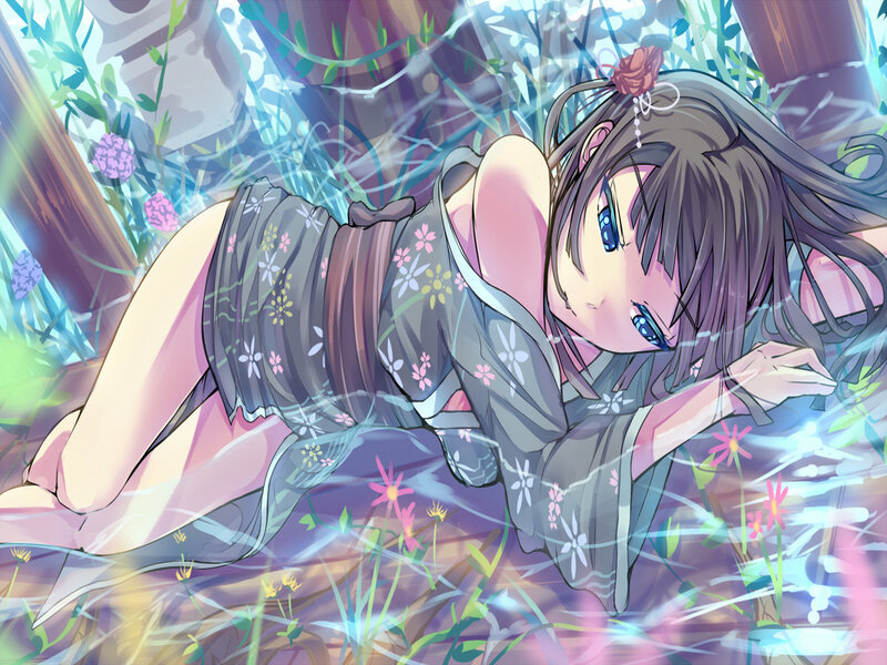 Anime Girl in Kimono — Purple, Serene, Spring, Flowers