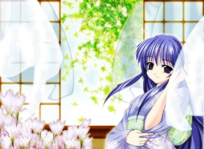 Anime Girl in Kimono — Purple, Serene, Spring, Flowers, Window