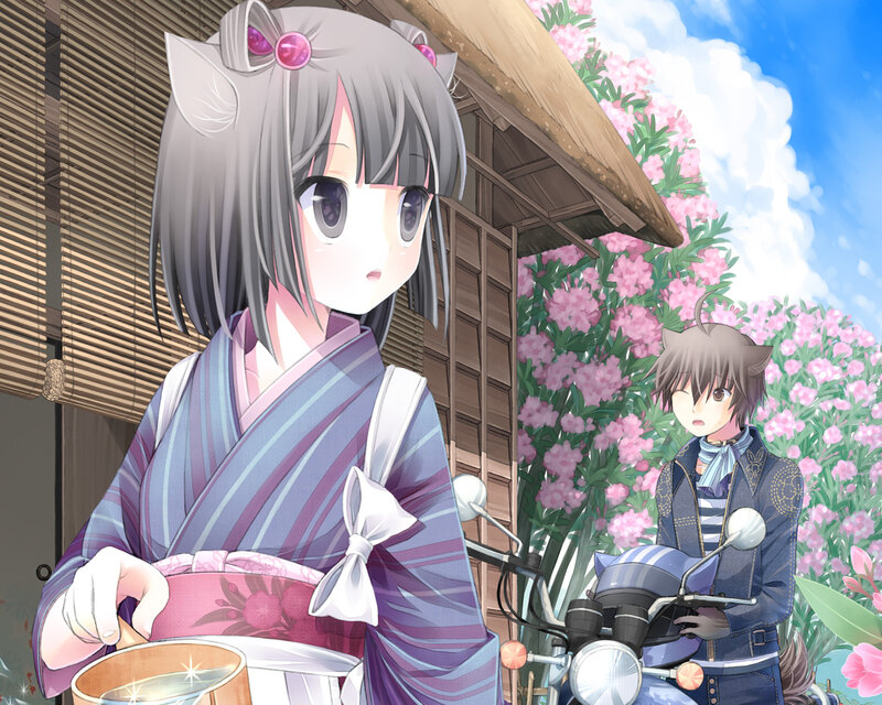 Anime Girl in Kimono — Purple, Serene, Spring, Motorcycle