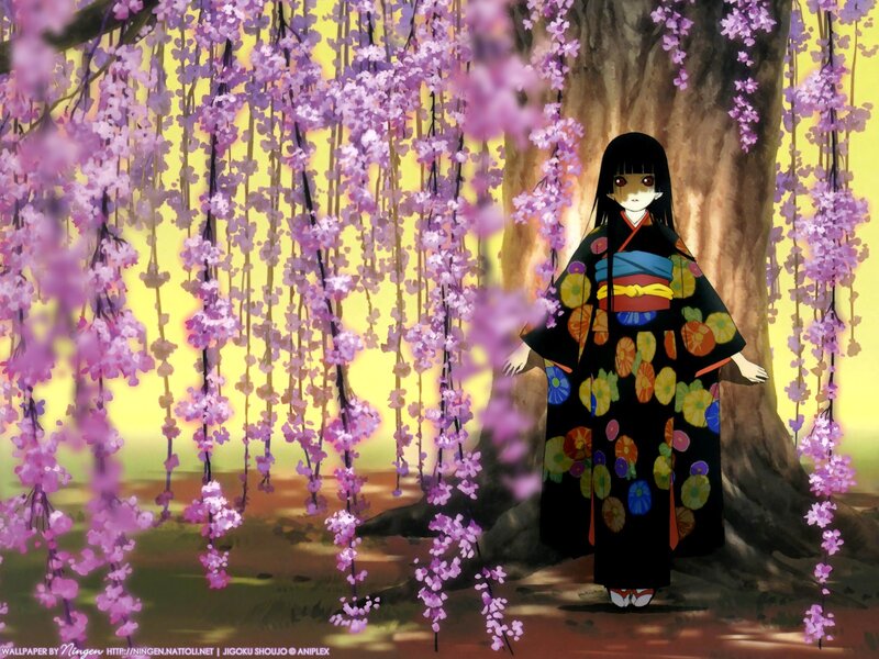 Anime Girl in Kimono — Purple, Serene, Spring, Wisteria, Tree