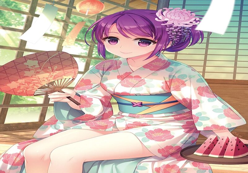 Anime Girl in Kimono — Purple, Serene, Summer, Digital Art