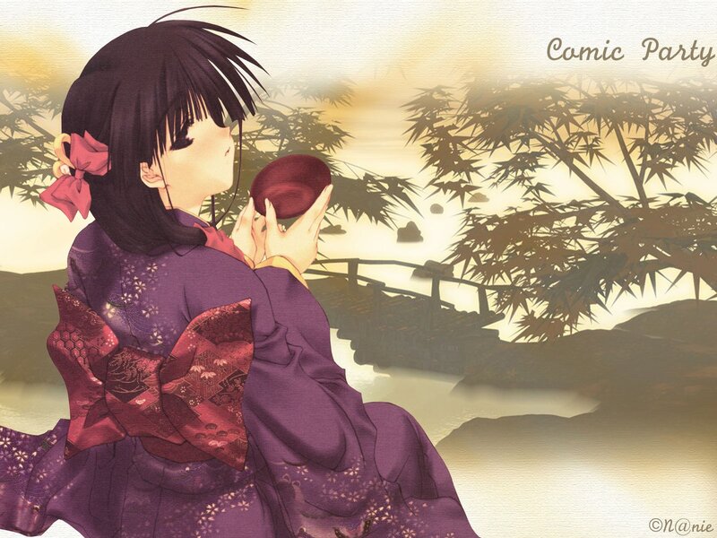 Anime Girl in Kimono — Purple, Serene, Sunset, Bamboo
