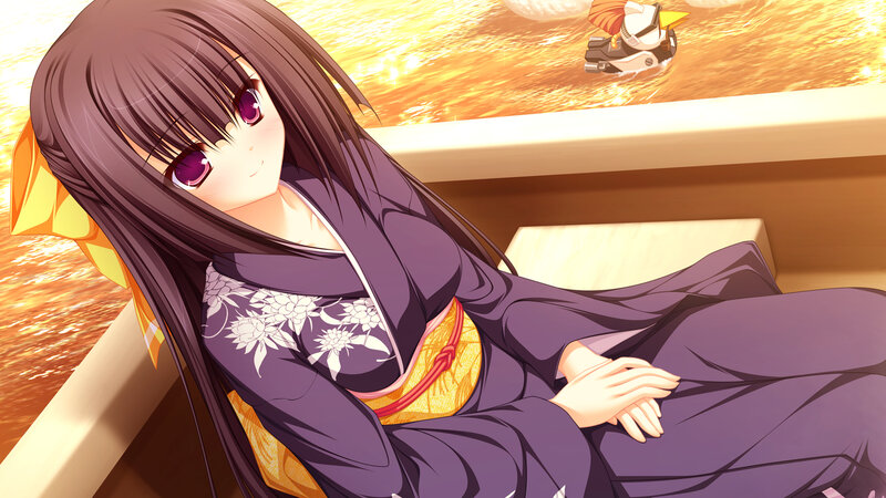 Anime Girl in Kimono — Purple, Serene, Sunset, Boat