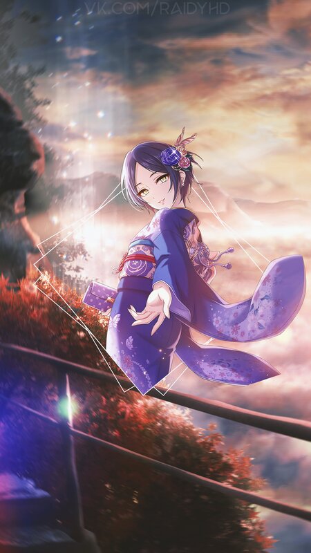 Anime Girl in Kimono — Purple, Serene, Sunset, Digital Art, Flower