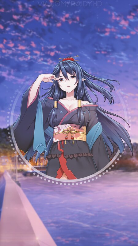 Anime Girl in Kimono — Purple, Serene, Sunset, Digital Art, Long Hair
