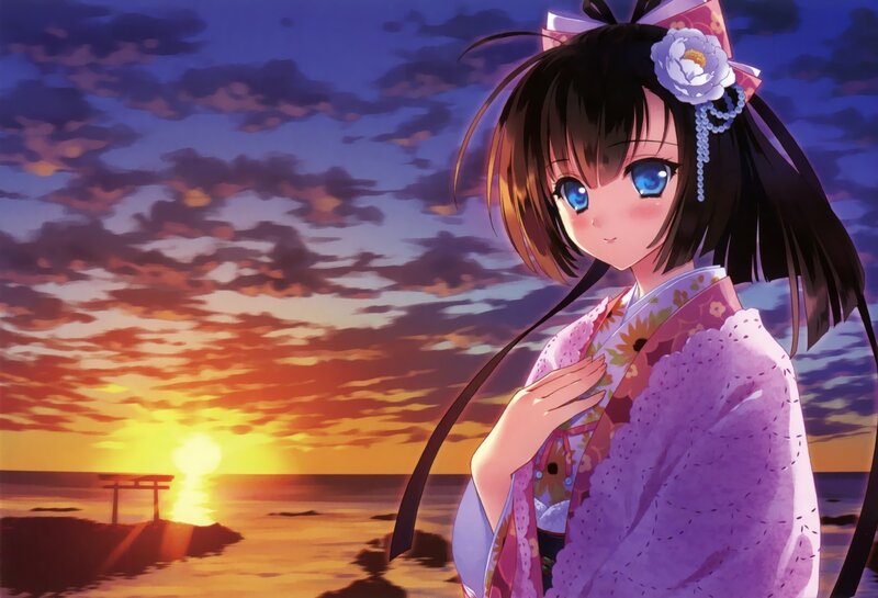Anime Girl in Kimono — Purple, Serene, Sunset, Ocean
