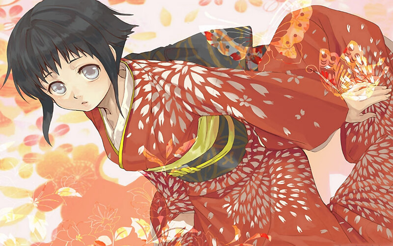 Anime Girl in Kimono — Red, Calm, Autumn