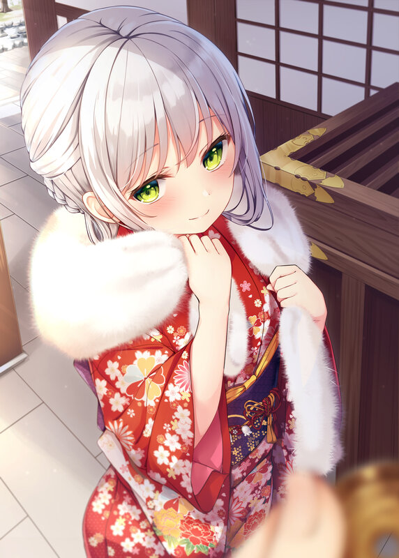 Anime Girl in Kimono — Red, Calm, Digital Art, Fur Collar