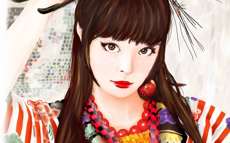 Anime Girl in Kimono — Red, Calm, Digital Art, Necklace