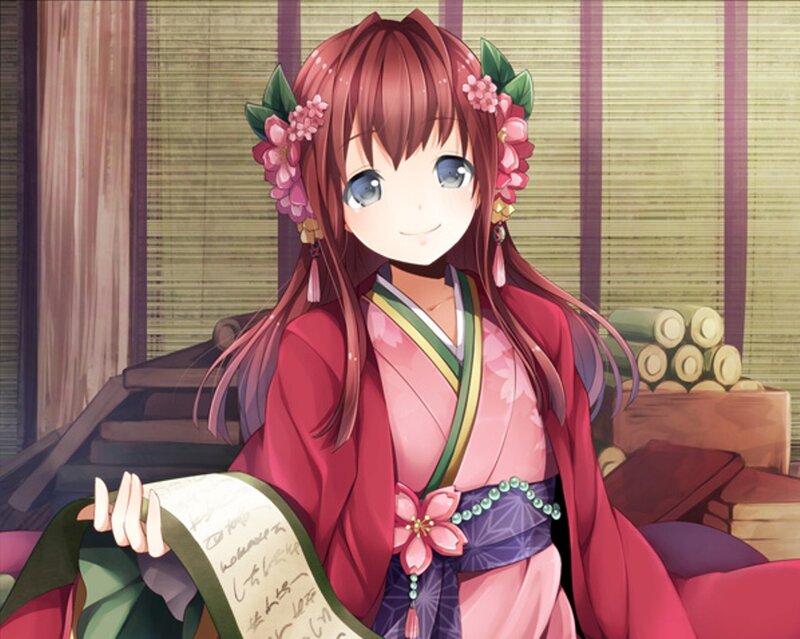Anime Girl in Kimono — Red, Calm, Flowers