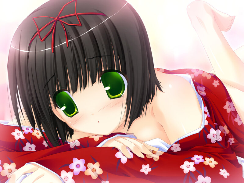 Anime Girl in Kimono — Red, Calm, Green Eyes
