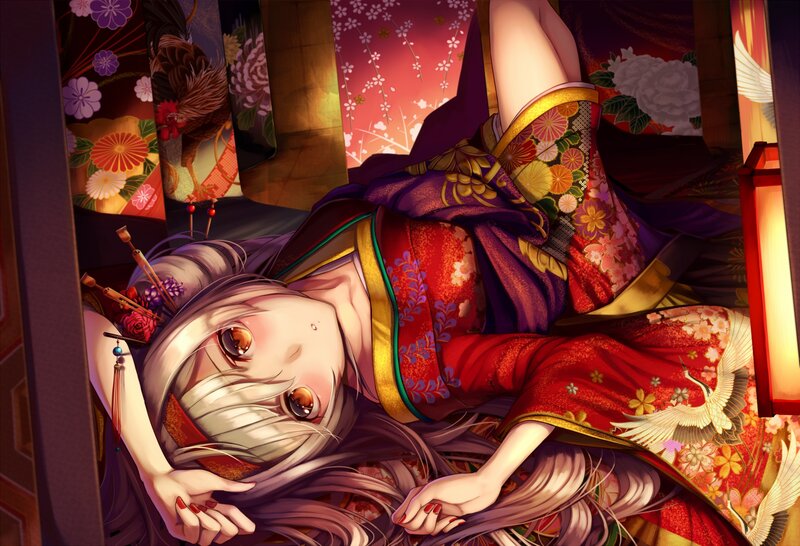Anime Girl in Kimono — Red, Calm, Night, Digital Art