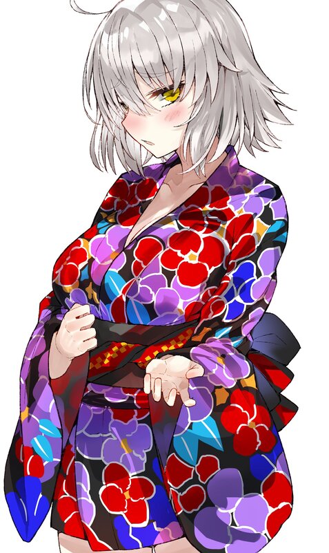 Anime Girl in Kimono — Red, Calm, Silver Hair