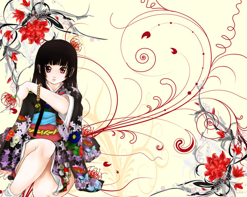 Anime Girl in Kimono — Red, Calm