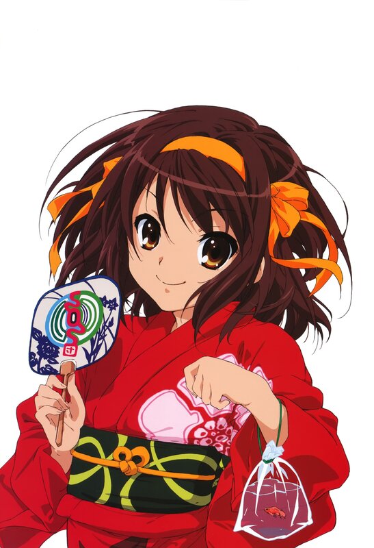 Anime Girl in Kimono — Red, Cheerful, Fan