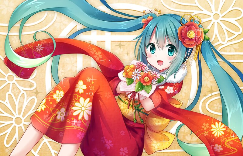 Anime Girl in Kimono — Red, Cheerful