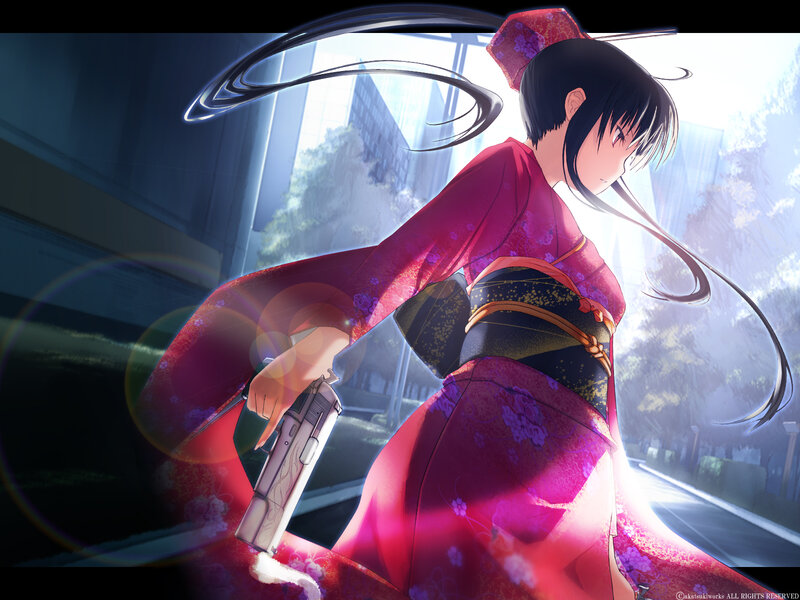Anime Girl in Kimono — Red, Dramatic, Afternoon