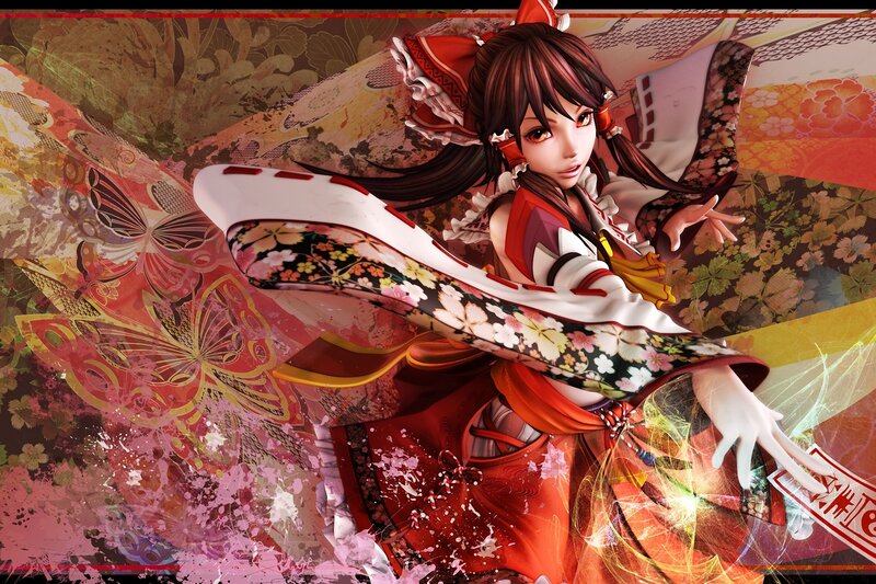 Anime Girl in Kimono — Red, Dramatic, Digital Art, Butterflies