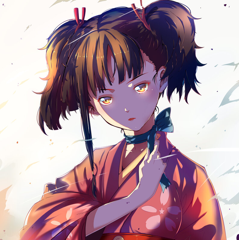 Anime Girl in Kimono — Red, Dramatic, Digital Art, Hair Buns