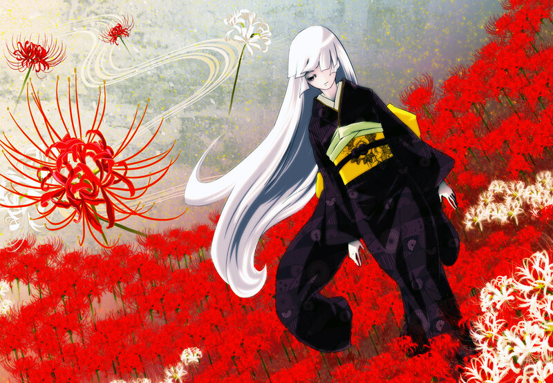Anime Girl in Kimono — Red, Dramatic, Digital Art, Red Flowers
