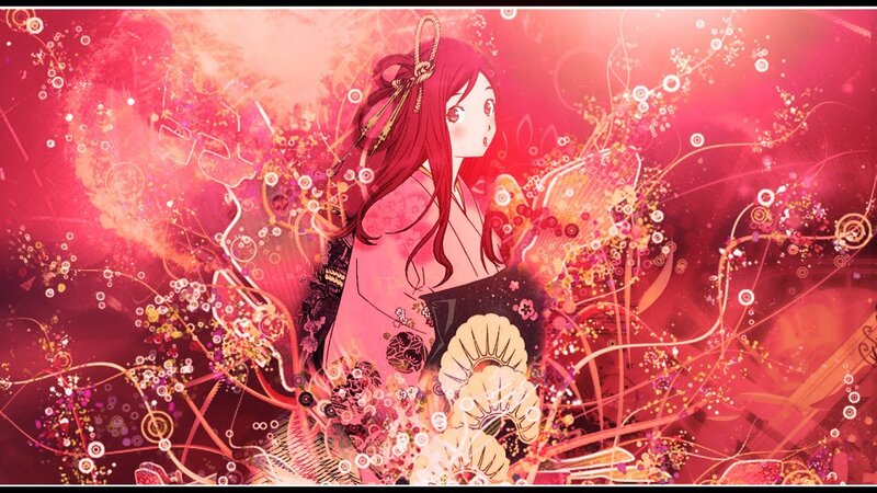 Anime Girl in Kimono — Red, Dramatic, Digital Art