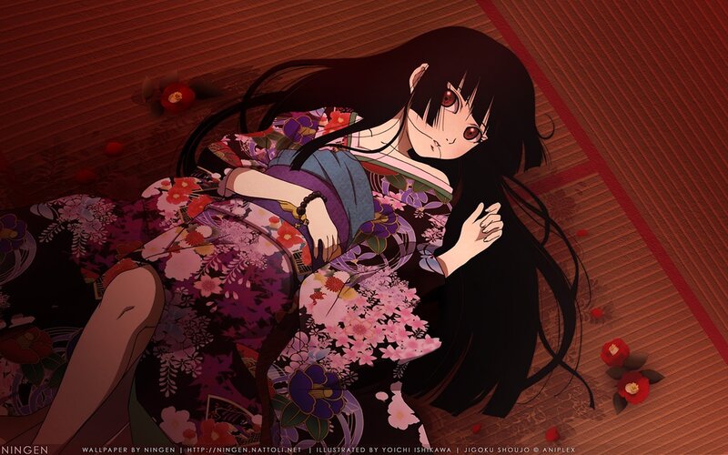 Anime Girl in Kimono — Red, Dramatic, Flowers
