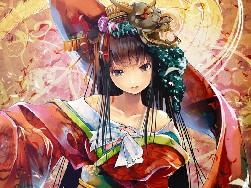 Anime Girl in Kimono — Red, Dramatic, Mask