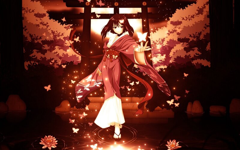 Anime Girl in Kimono — Red, Dramatic, Night, Digital Art, Butterflies