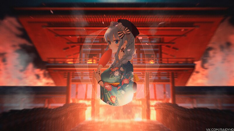 Anime Girl in Kimono — Red, Dramatic, Night, Digital Art, Fan