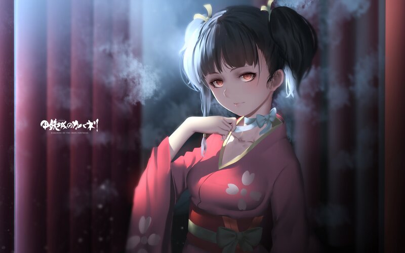 Anime Girl in Kimono — Red, Dramatic, Night, Digital Art, Pigtails