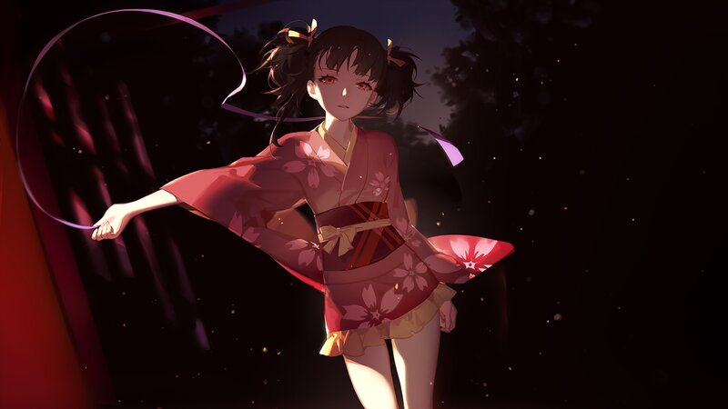 Anime Girl in Kimono — Red, Dramatic, Night, Digital Art, Ribbon
