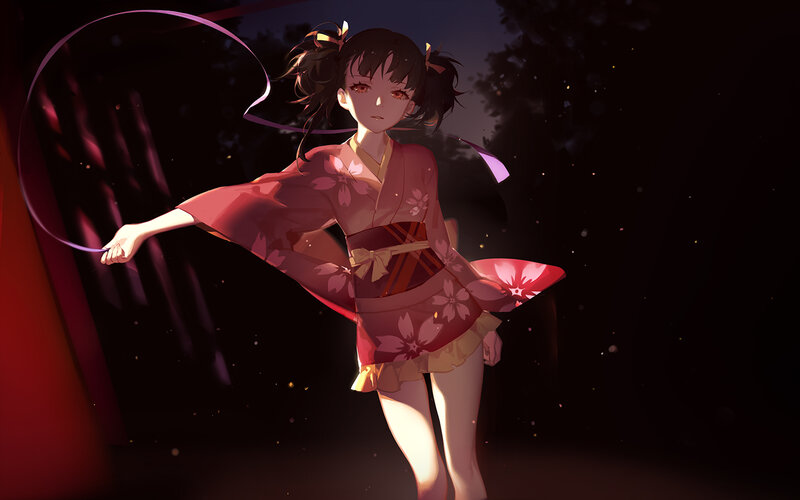 Anime Girl in Kimono — Red, Dramatic, Night, Digital Art, Ribbon, Trees