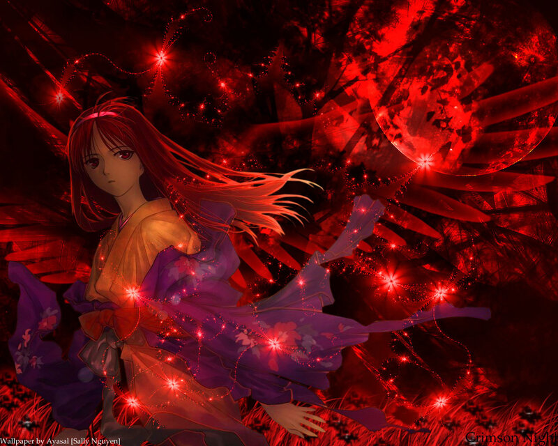 Anime Girl in Kimono — Red, Dramatic, Night, Digital Art