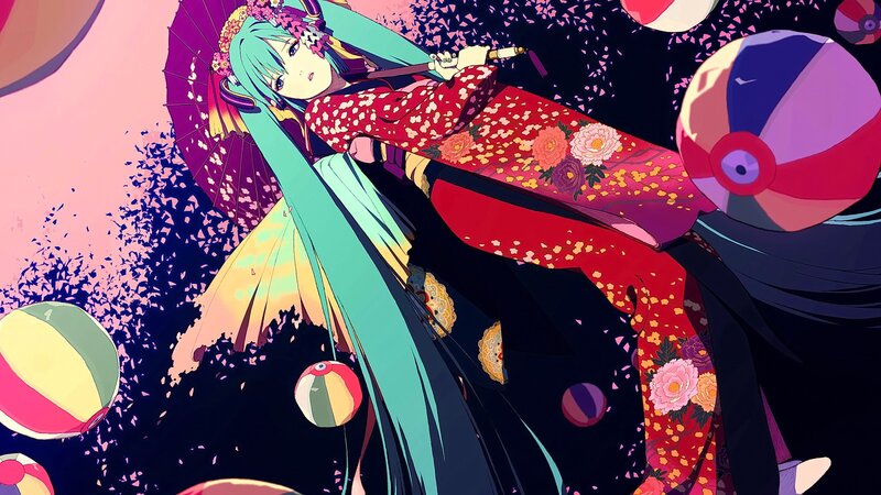 Anime Girl in Kimono — Red, Dramatic, Night, Digital Art, Umbrella, Lanterns
