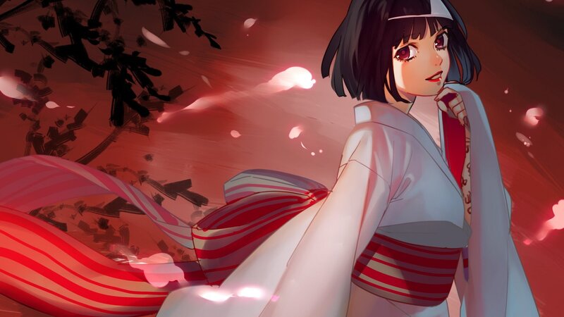 Anime Girl in Kimono — Red, Dramatic, Spring, Digital Art