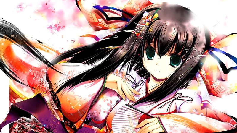 Anime Girl in Kimono — Red, Dramatic, Spring, Manga