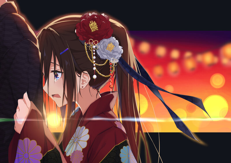 Anime Girl in Kimono — Red, Dramatic, Sunset, Digital Art, Flower Hairpiece