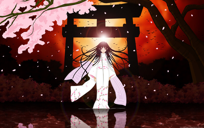 Anime Girl in Kimono — Red, Dramatic, Sunset, Digital Art