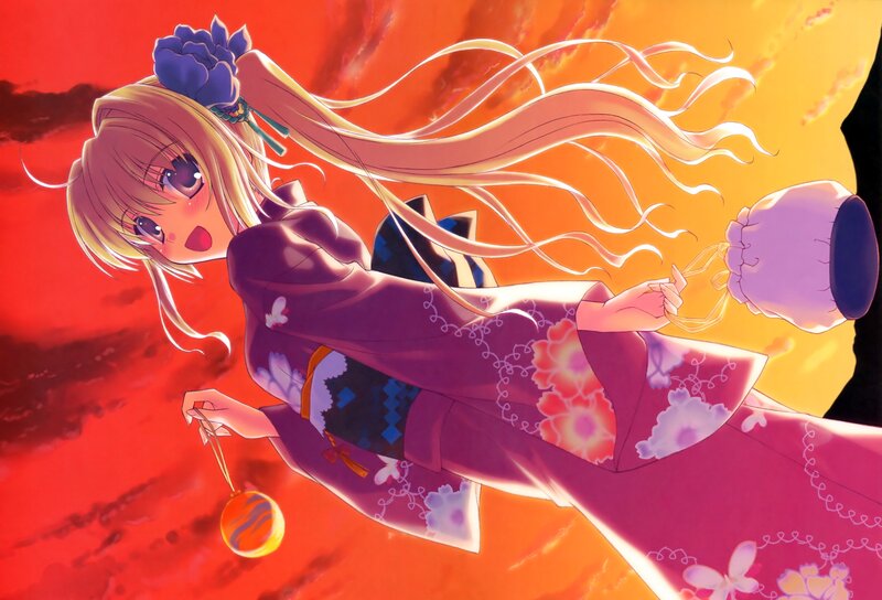 Anime Girl in Kimono — Red, Dramatic, Sunset, Lanterns