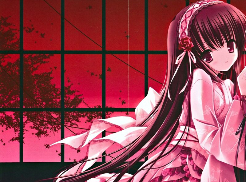 Anime Girl in Kimono — Red, Dramatic, Sunset, Window