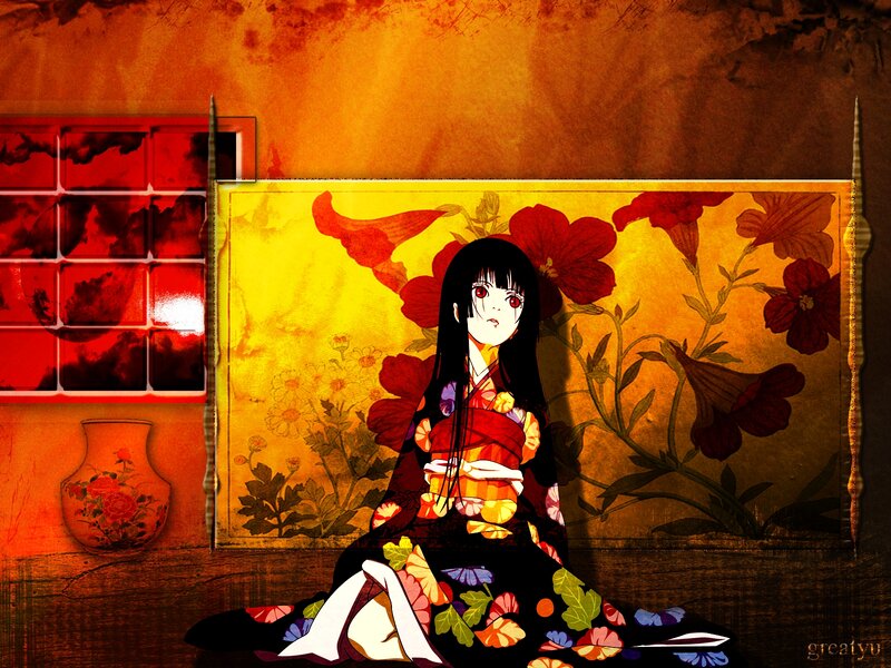 Anime Girl in Kimono — Red, Dramatic, Vase