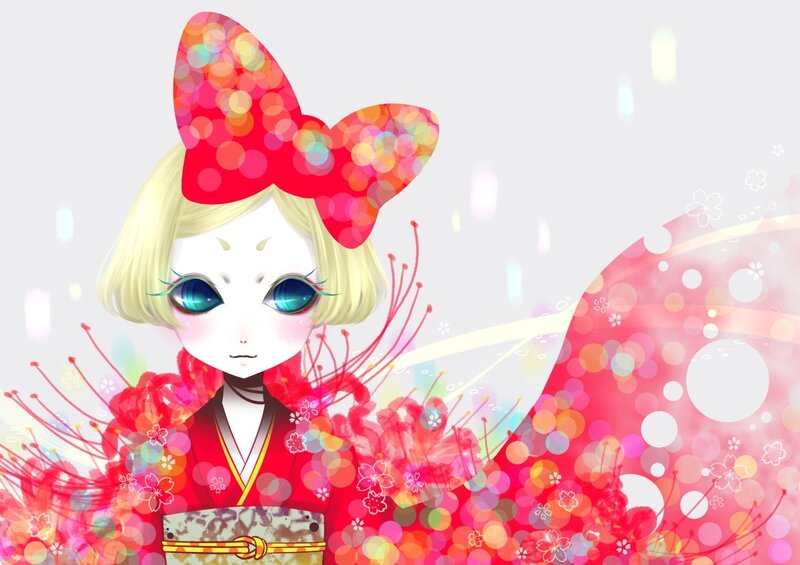 Anime Girl in Kimono — Red, Dreamy, Digital Art