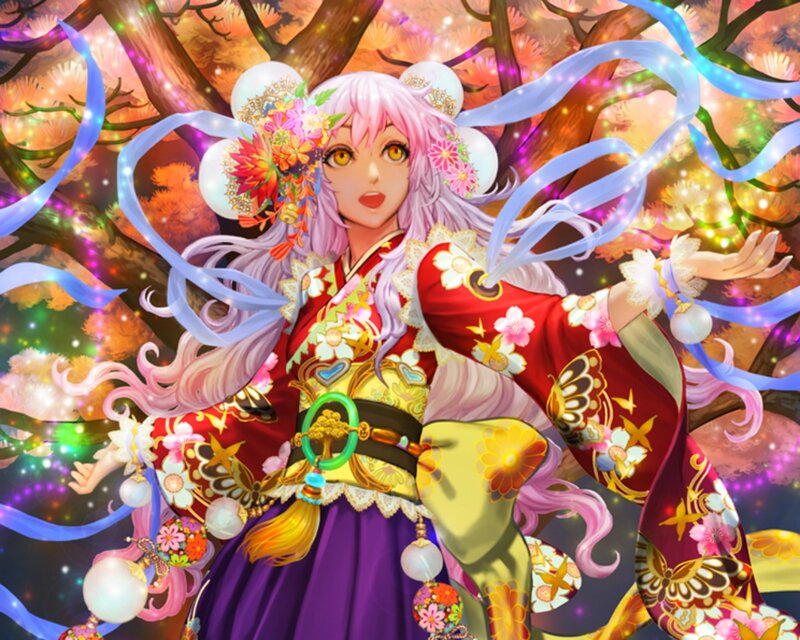 Anime Girl in Kimono — Red, Festive, Autumn