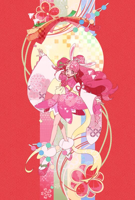 Anime Girl in Kimono — Red, Festive, Digital Art, Rabbit Ears