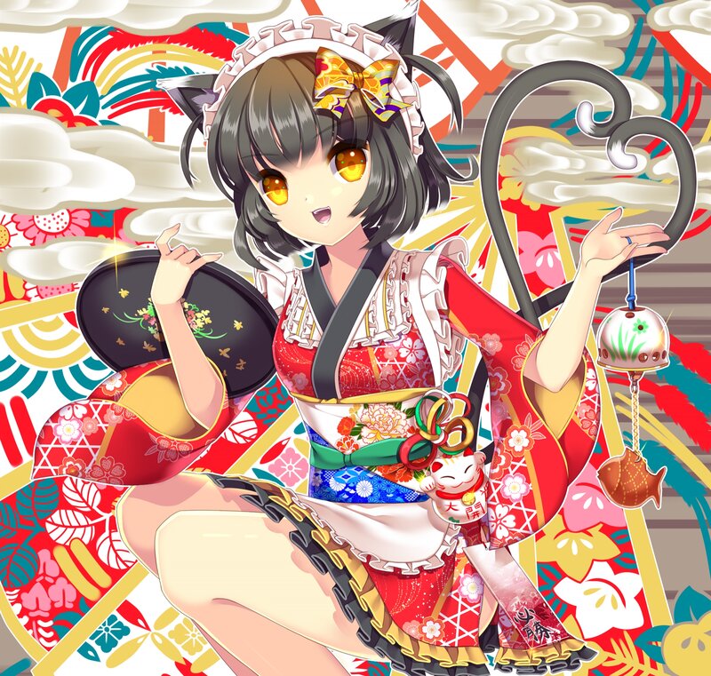 Anime Girl in Kimono — Red, Festive, Digital Art